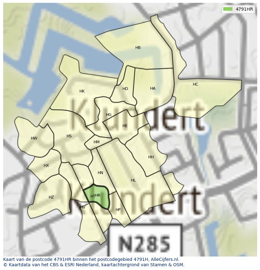 Afbeelding van het postcodegebied 4791 HR op de kaart.