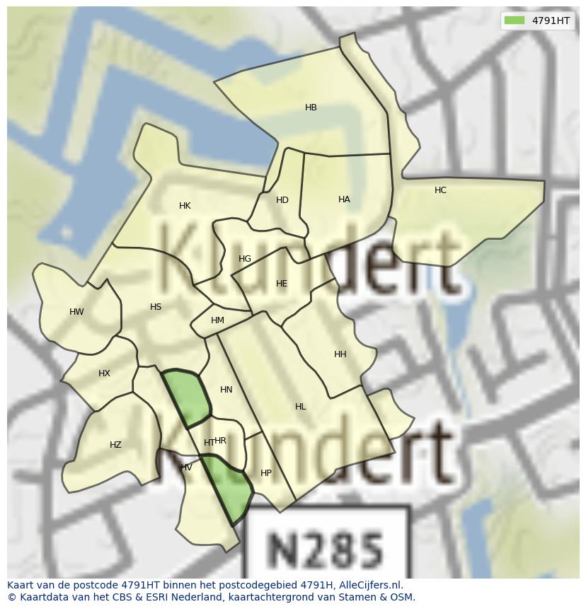 Afbeelding van het postcodegebied 4791 HT op de kaart.