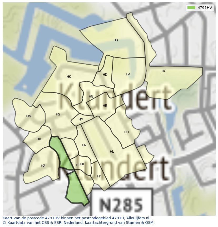 Afbeelding van het postcodegebied 4791 HV op de kaart.
