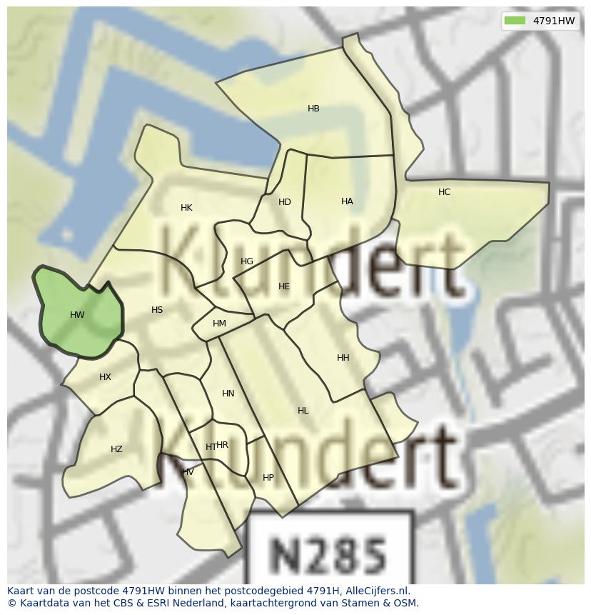 Afbeelding van het postcodegebied 4791 HW op de kaart.