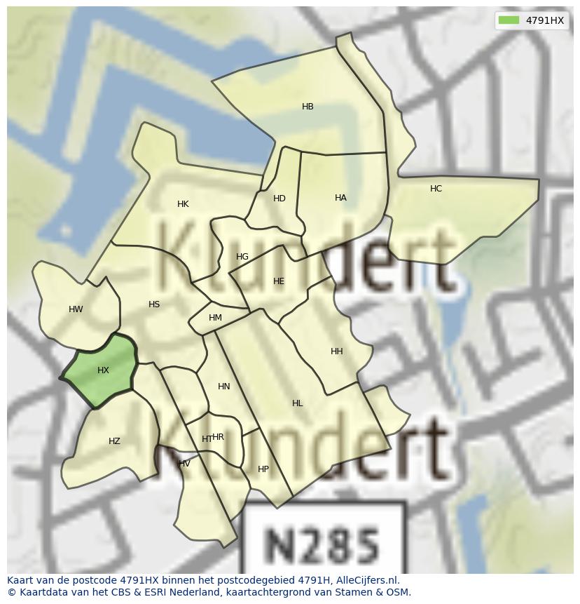 Afbeelding van het postcodegebied 4791 HX op de kaart.