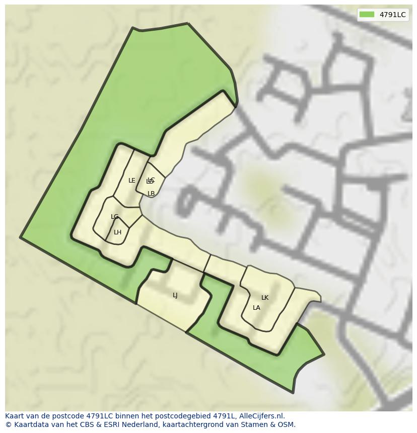 Afbeelding van het postcodegebied 4791 LC op de kaart.