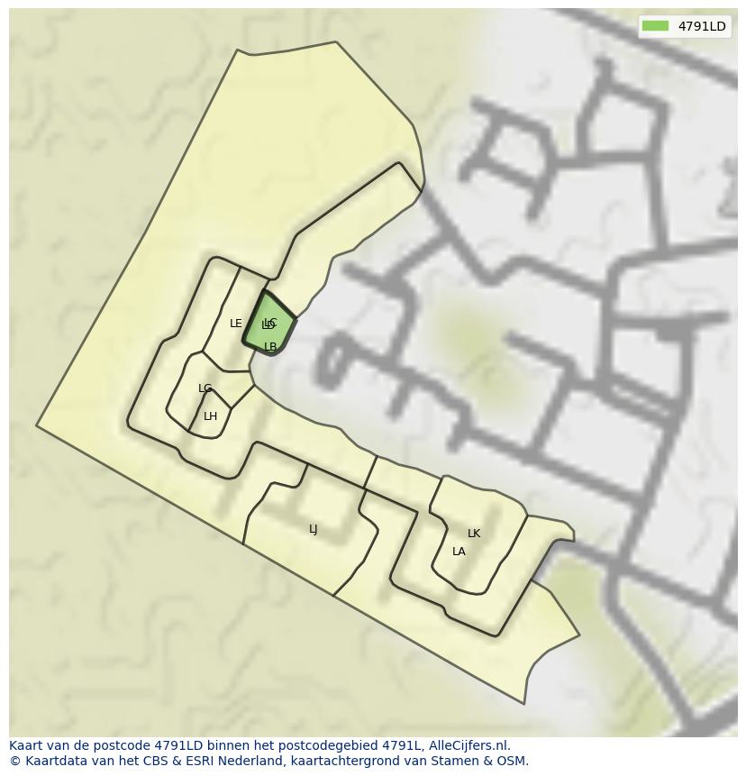 Afbeelding van het postcodegebied 4791 LD op de kaart.
