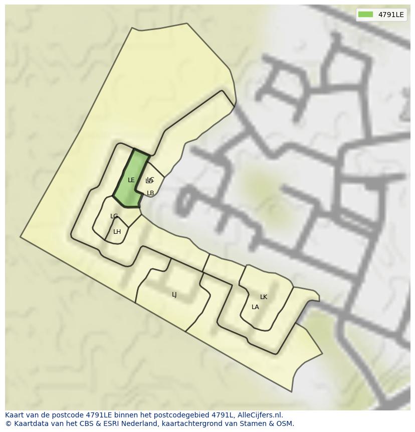 Afbeelding van het postcodegebied 4791 LE op de kaart.
