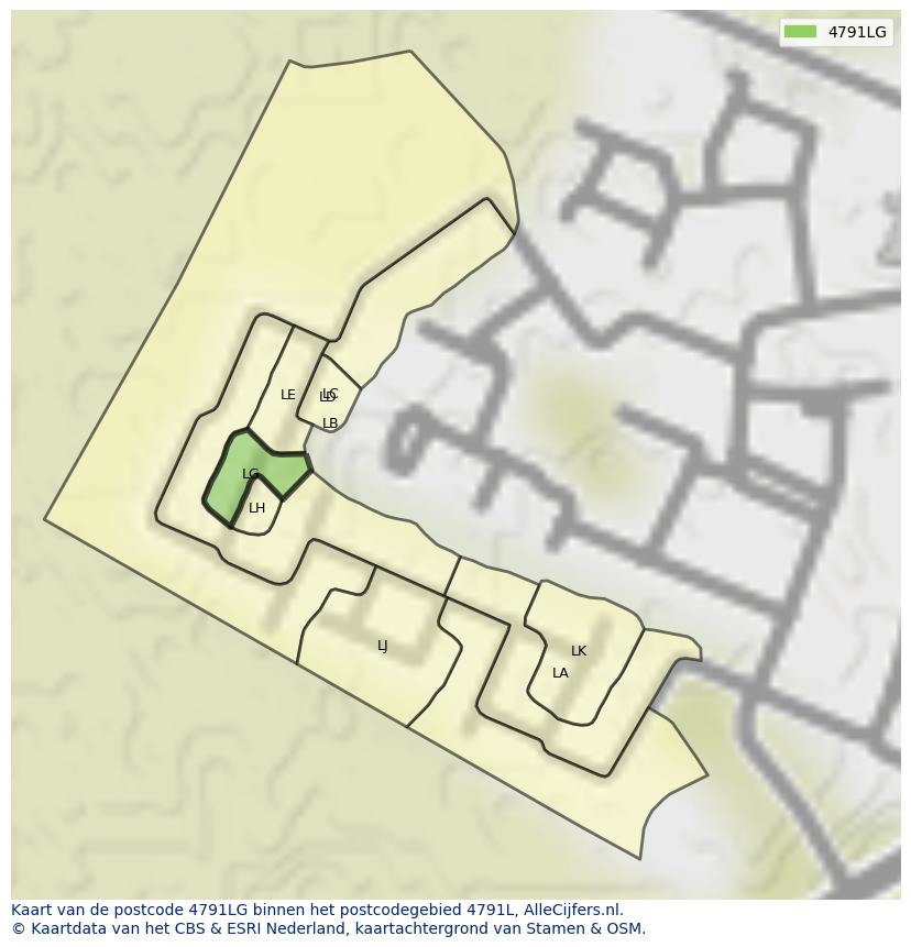 Afbeelding van het postcodegebied 4791 LG op de kaart.