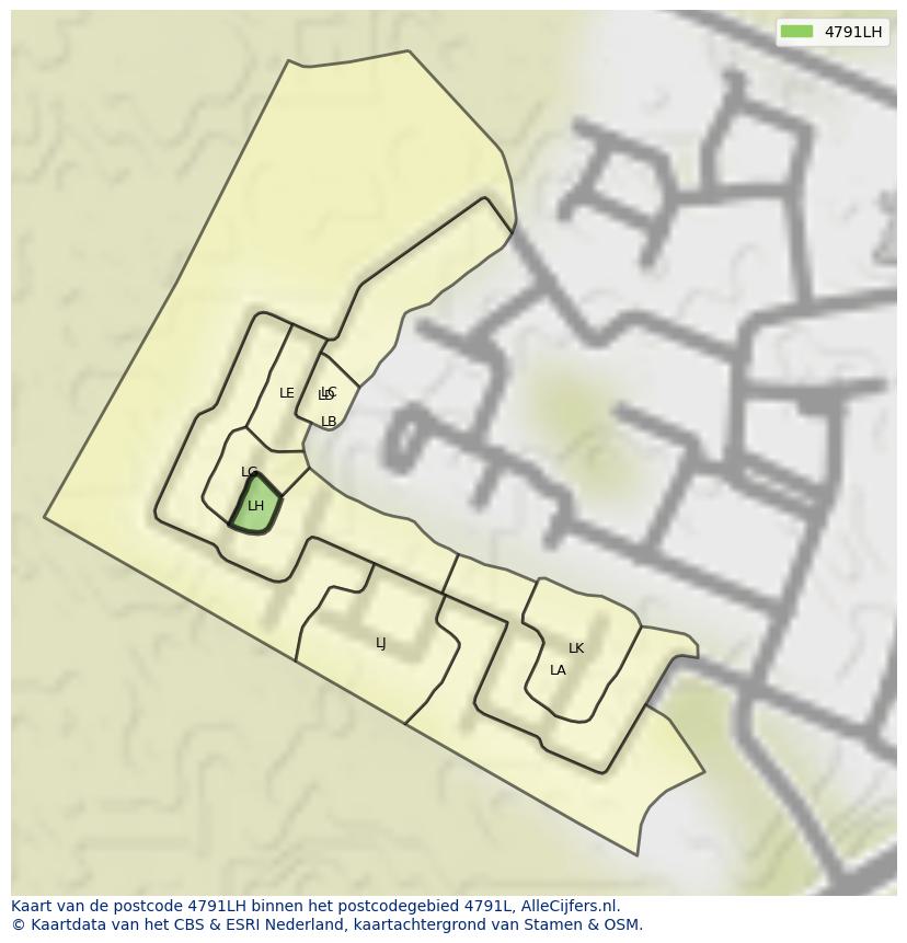 Afbeelding van het postcodegebied 4791 LH op de kaart.