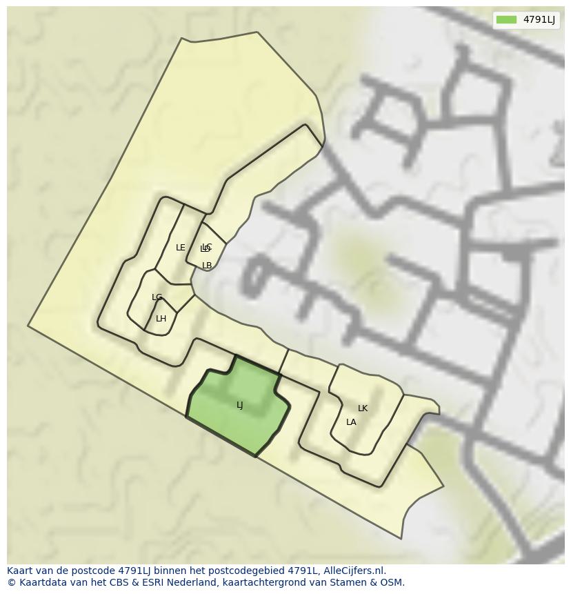 Afbeelding van het postcodegebied 4791 LJ op de kaart.