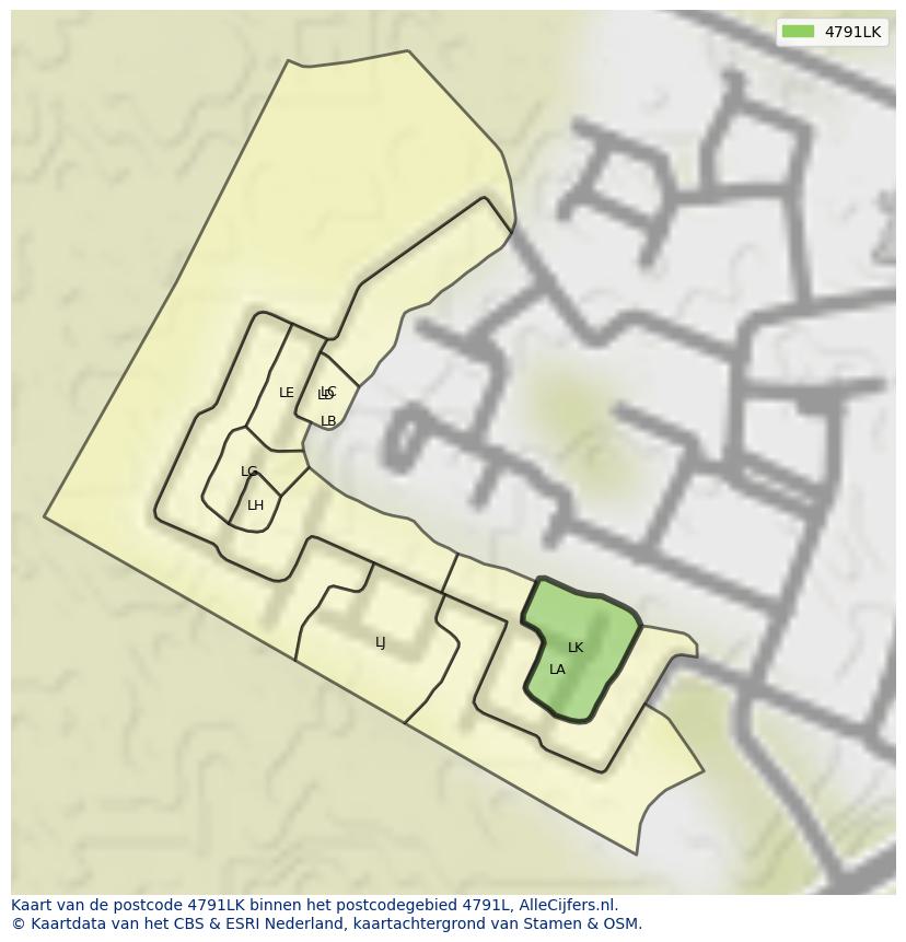 Afbeelding van het postcodegebied 4791 LK op de kaart.