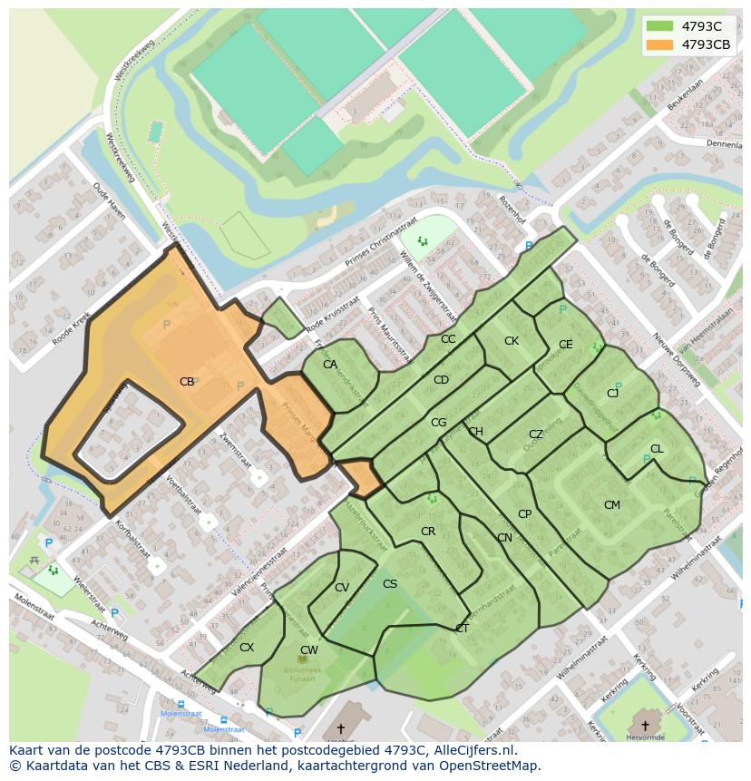 Afbeelding van het postcodegebied 4793 CB op de kaart.