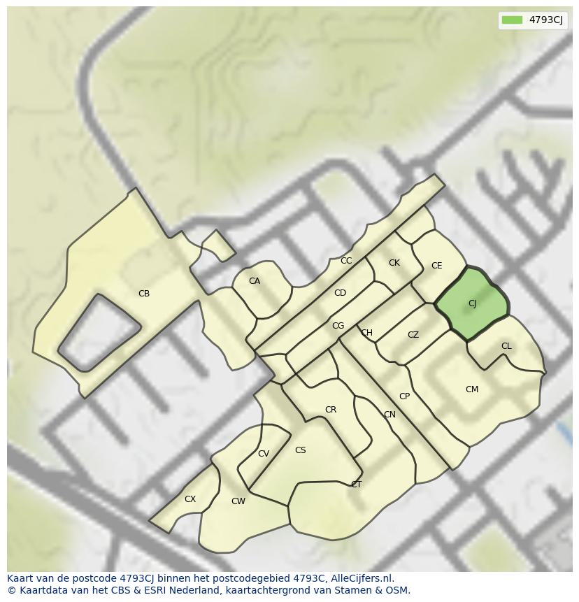 Afbeelding van het postcodegebied 4793 CJ op de kaart.