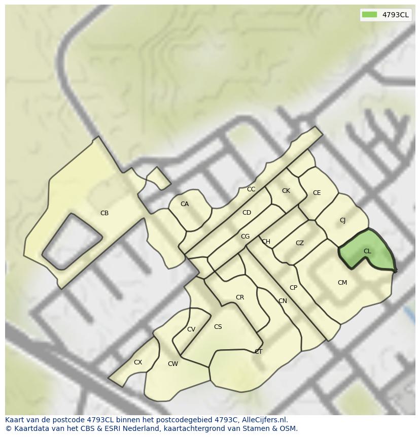 Afbeelding van het postcodegebied 4793 CL op de kaart.