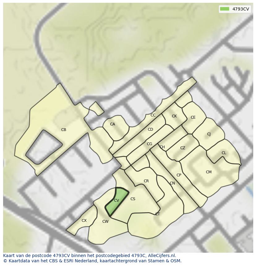 Afbeelding van het postcodegebied 4793 CV op de kaart.