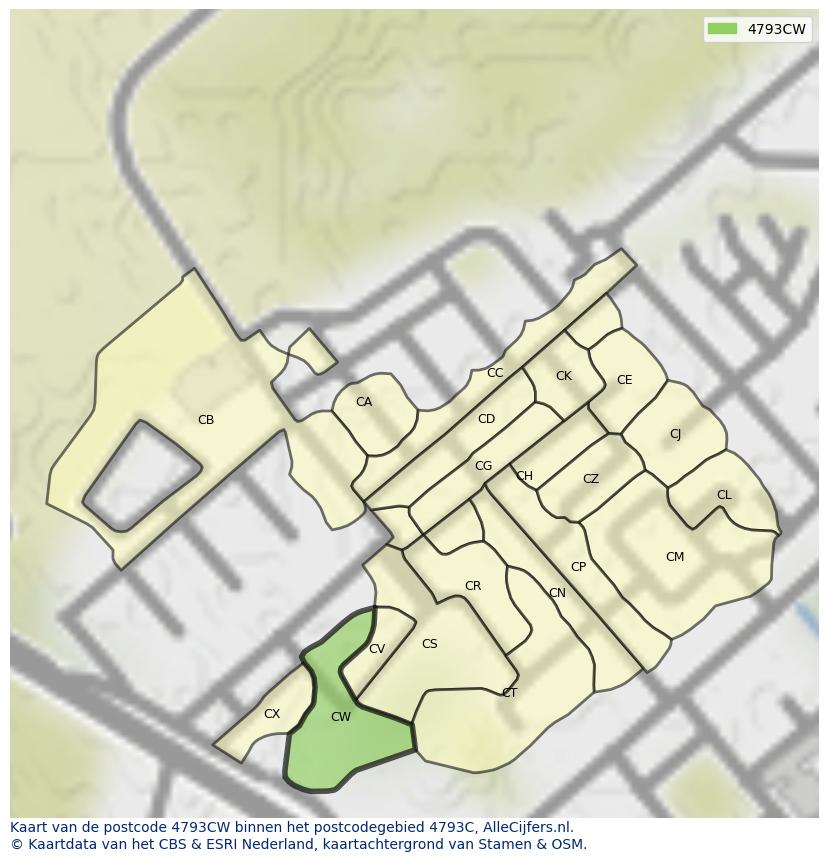 Afbeelding van het postcodegebied 4793 CW op de kaart.