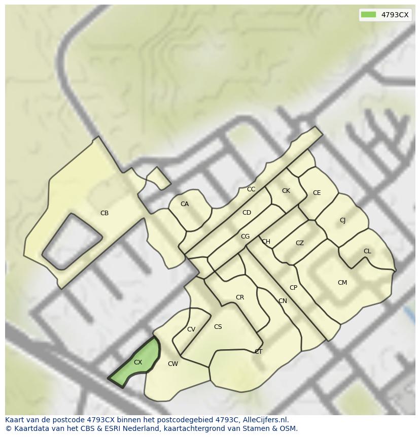 Afbeelding van het postcodegebied 4793 CX op de kaart.