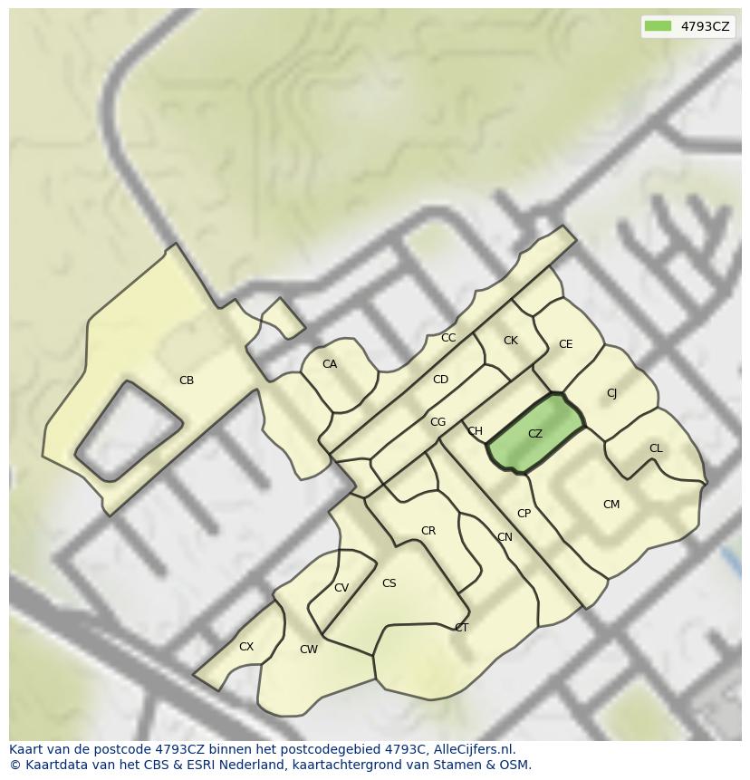 Afbeelding van het postcodegebied 4793 CZ op de kaart.