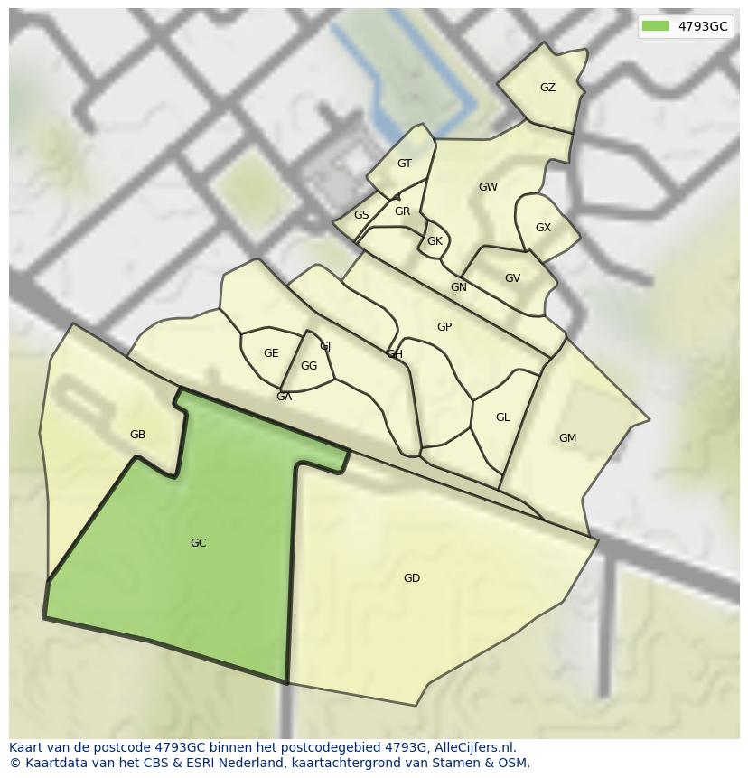 Afbeelding van het postcodegebied 4793 GC op de kaart.
