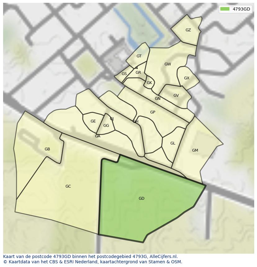 Afbeelding van het postcodegebied 4793 GD op de kaart.