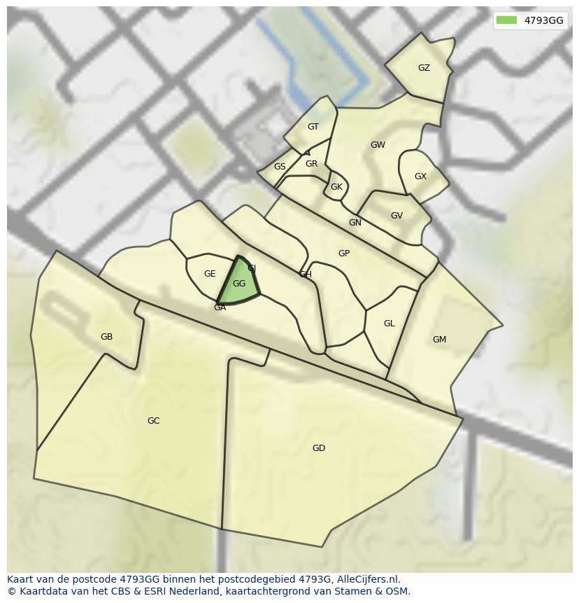 Afbeelding van het postcodegebied 4793 GG op de kaart.