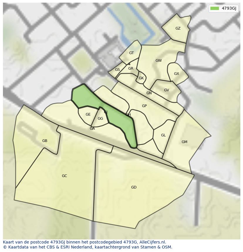 Afbeelding van het postcodegebied 4793 GJ op de kaart.
