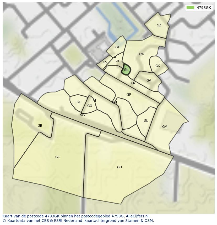 Afbeelding van het postcodegebied 4793 GK op de kaart.