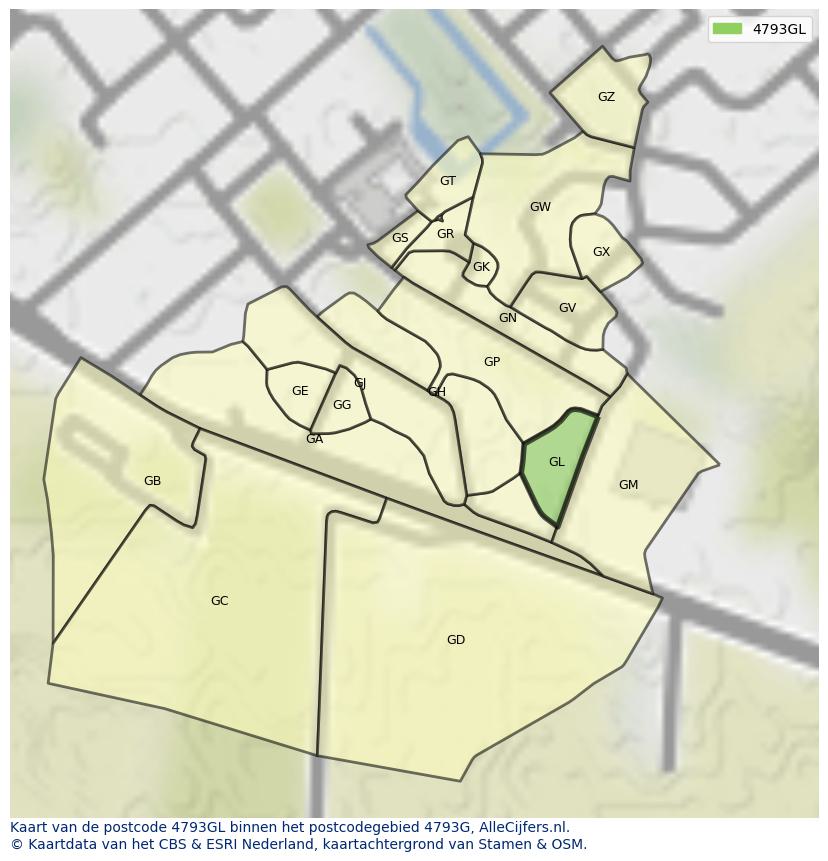Afbeelding van het postcodegebied 4793 GL op de kaart.