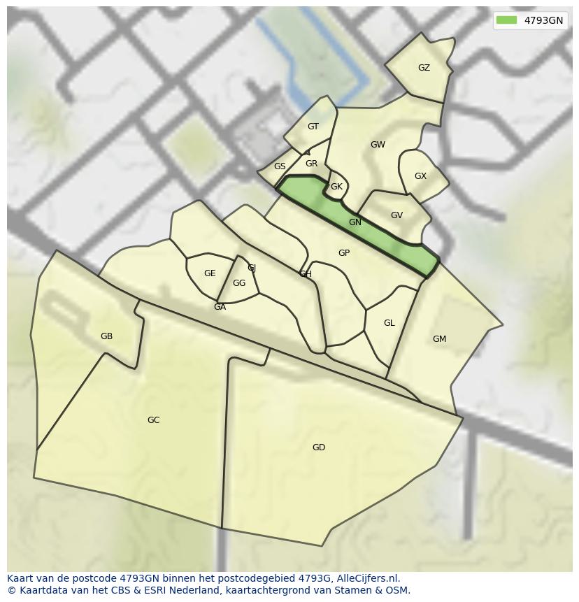 Afbeelding van het postcodegebied 4793 GN op de kaart.