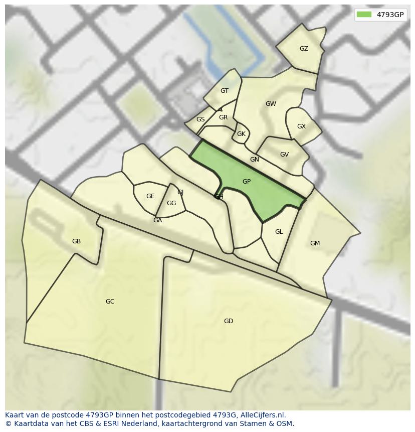 Afbeelding van het postcodegebied 4793 GP op de kaart.
