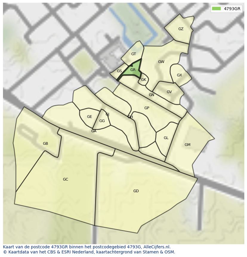 Afbeelding van het postcodegebied 4793 GR op de kaart.