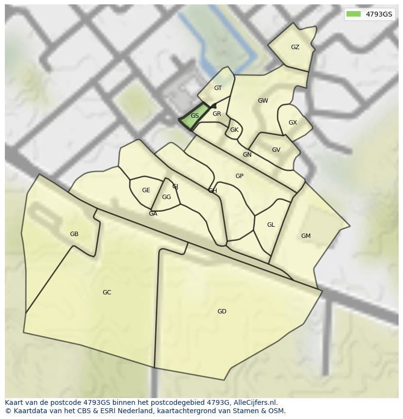 Afbeelding van het postcodegebied 4793 GS op de kaart.