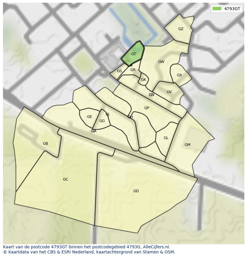 Afbeelding van het postcodegebied 4793 GT op de kaart.