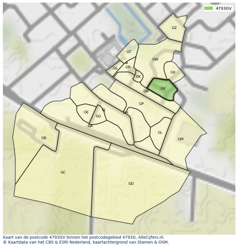 Afbeelding van het postcodegebied 4793 GV op de kaart.