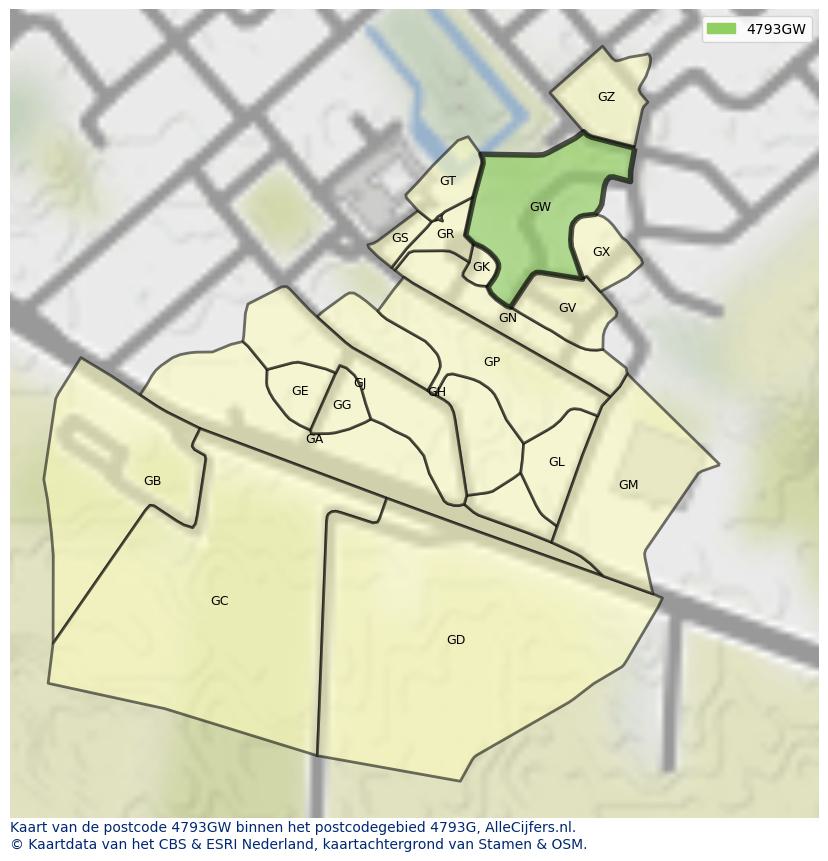 Afbeelding van het postcodegebied 4793 GW op de kaart.