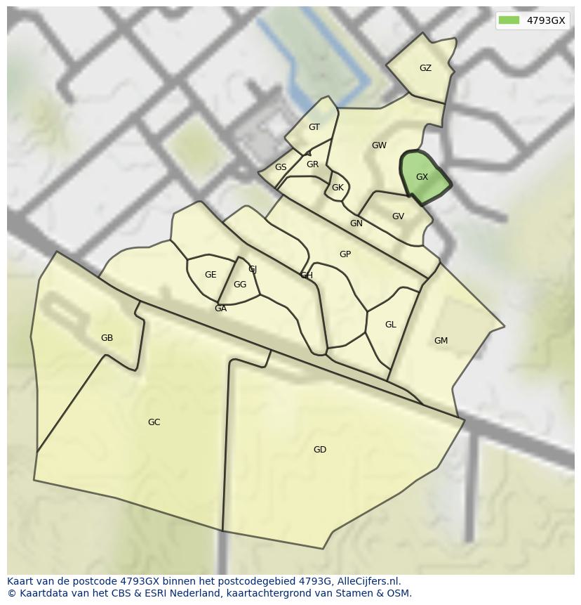 Afbeelding van het postcodegebied 4793 GX op de kaart.