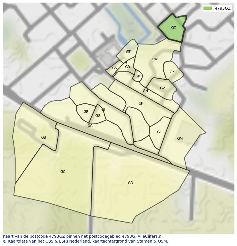 Afbeelding van het postcodegebied 4793 GZ op de kaart.