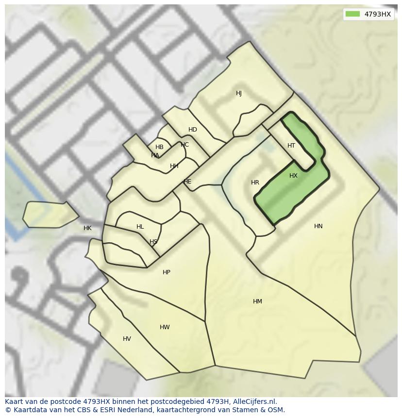 Afbeelding van het postcodegebied 4793 HX op de kaart.