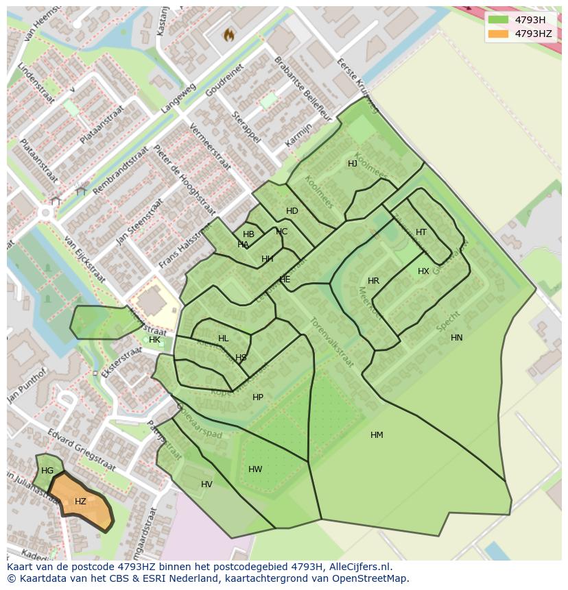 Afbeelding van het postcodegebied 4793 HZ op de kaart.