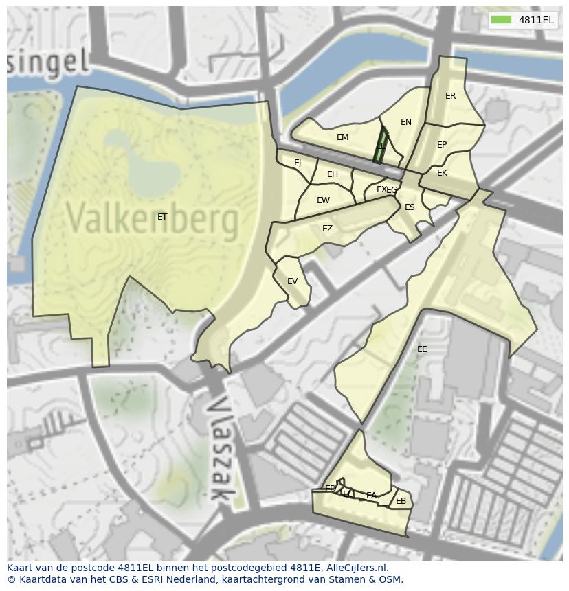 Afbeelding van het postcodegebied 4811 EL op de kaart.