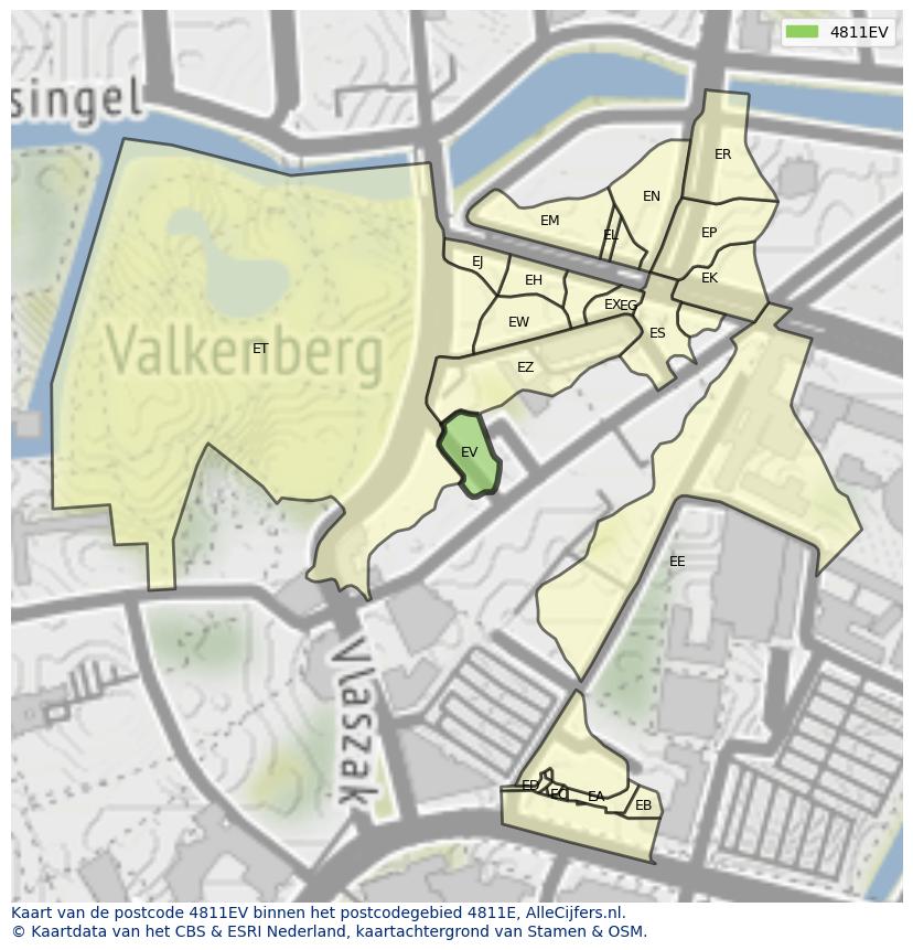 Afbeelding van het postcodegebied 4811 EV op de kaart.