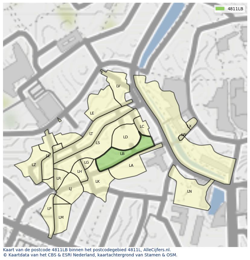 Afbeelding van het postcodegebied 4811 LB op de kaart.
