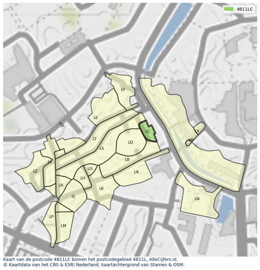 Afbeelding van het postcodegebied 4811 LC op de kaart.