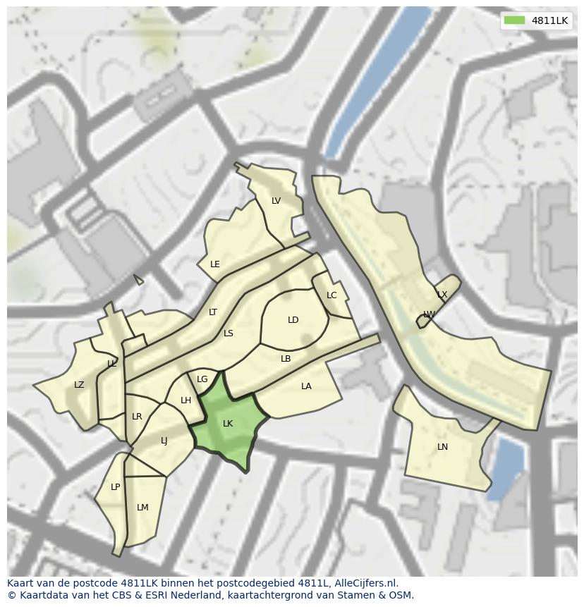 Afbeelding van het postcodegebied 4811 LK op de kaart.
