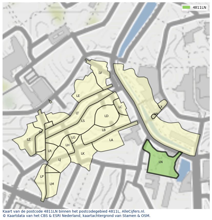 Afbeelding van het postcodegebied 4811 LN op de kaart.