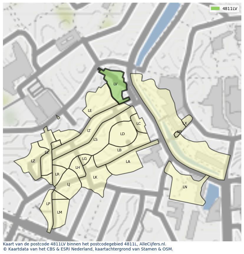 Afbeelding van het postcodegebied 4811 LV op de kaart.