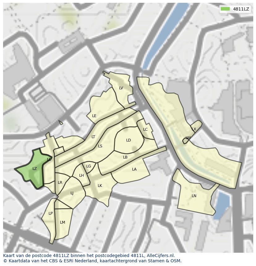 Afbeelding van het postcodegebied 4811 LZ op de kaart.