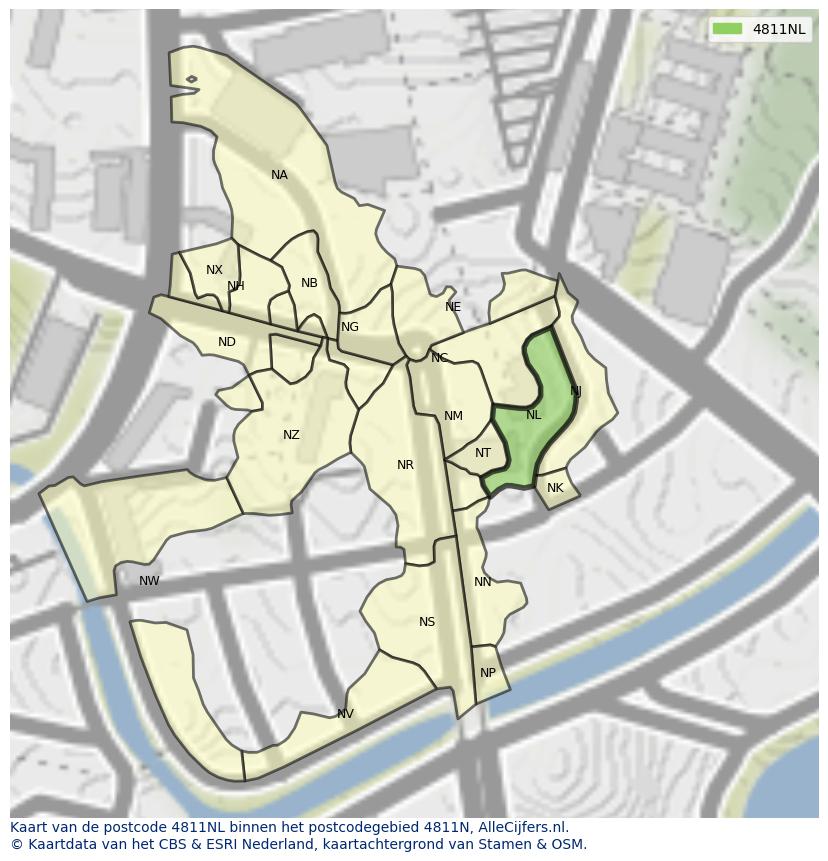 Afbeelding van het postcodegebied 4811 NL op de kaart.