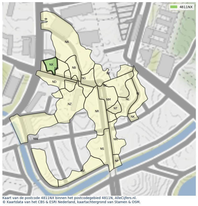 Afbeelding van het postcodegebied 4811 NX op de kaart.