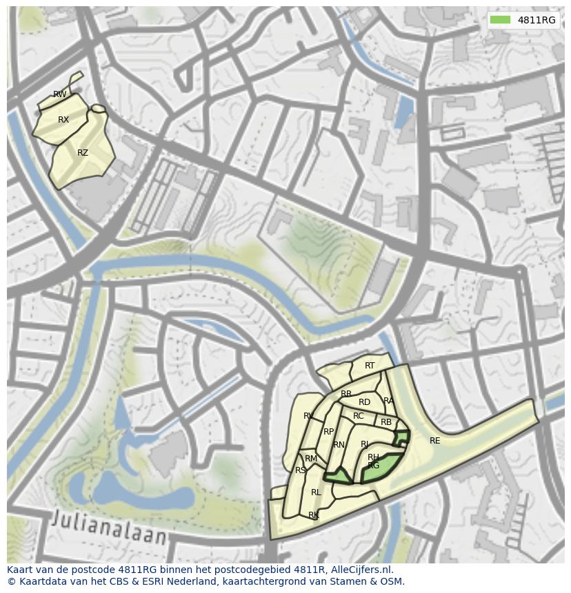 Afbeelding van het postcodegebied 4811 RG op de kaart.