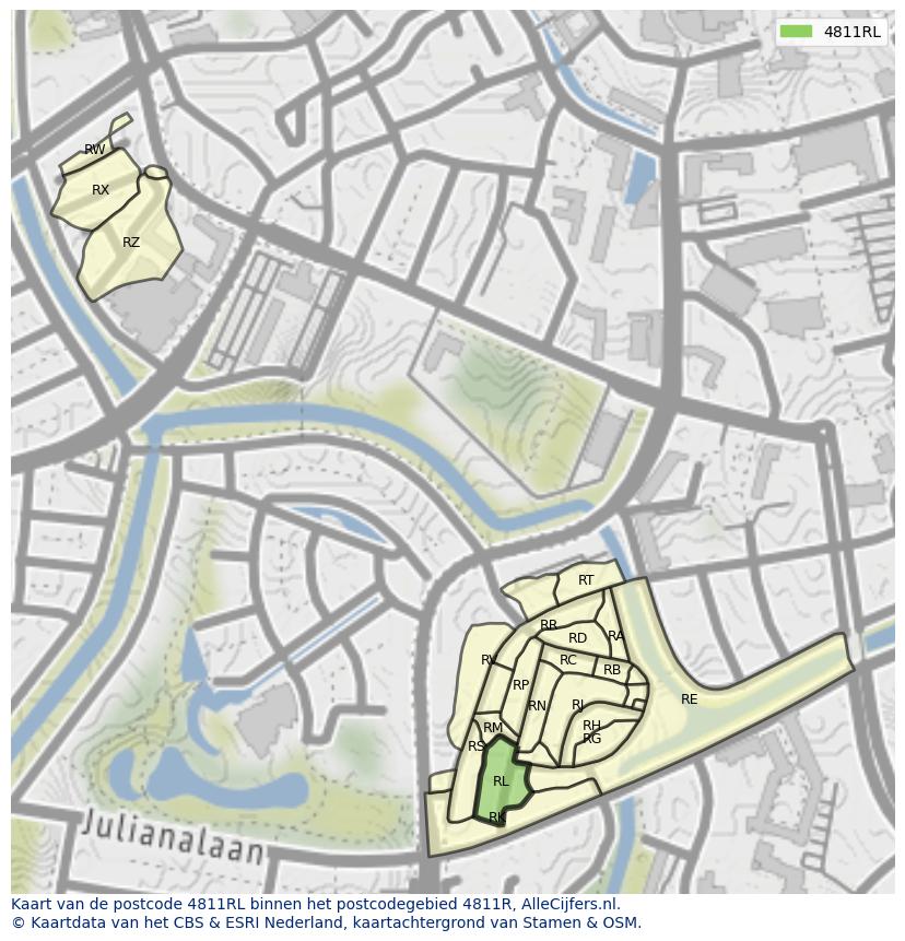 Afbeelding van het postcodegebied 4811 RL op de kaart.