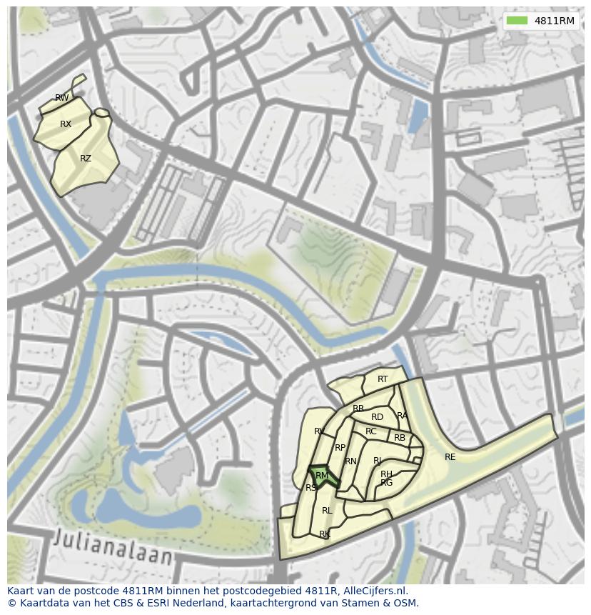 Afbeelding van het postcodegebied 4811 RM op de kaart.