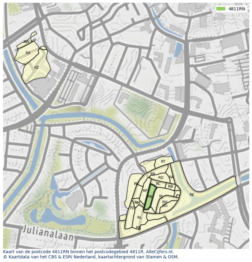Afbeelding van het postcodegebied 4811 RN op de kaart.
